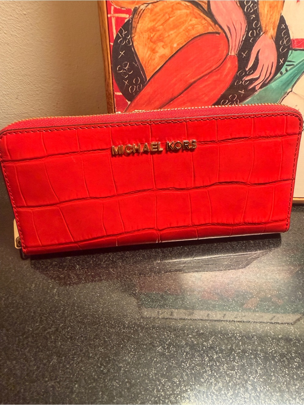 Michael Kors Red Croc-Embossed Zip Around Wallet with Gold Logo